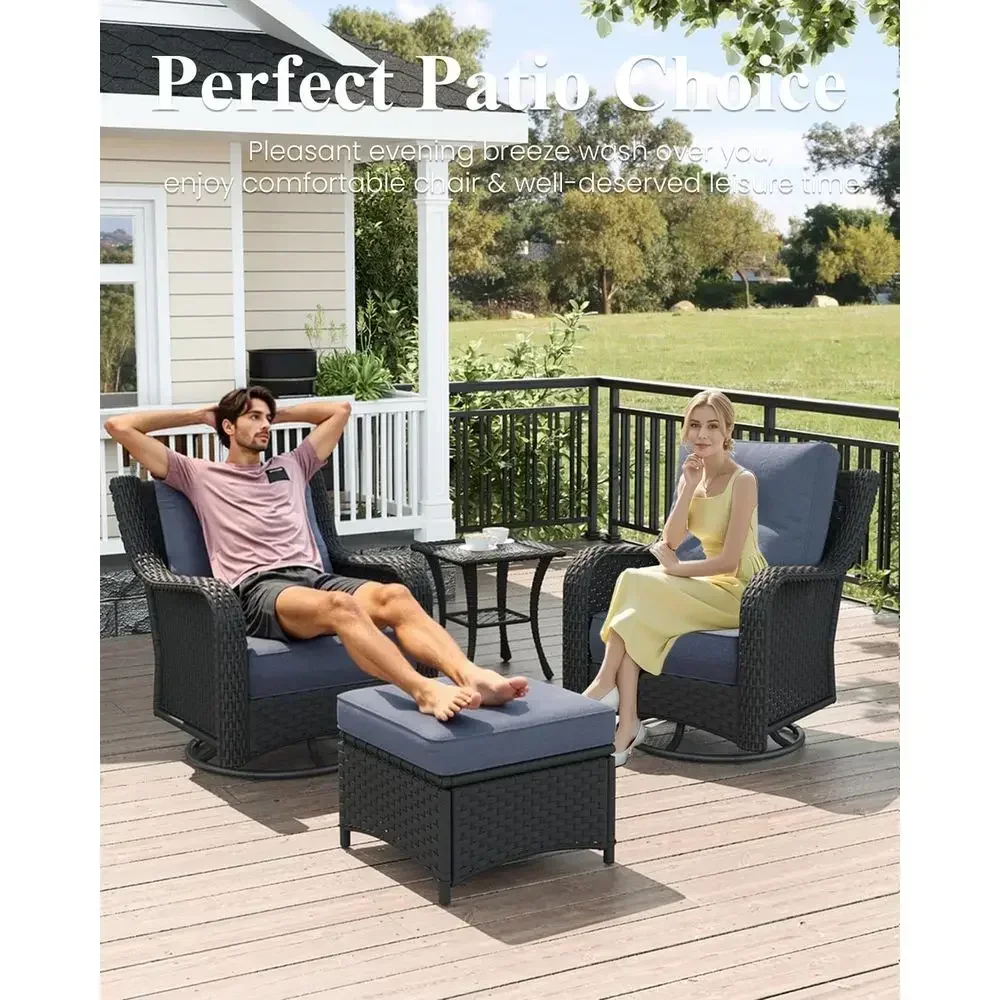 3-Piece Wicker Outdoor Furniture Set with Cushions, High-Back Swivel Rocking Chairs & Side Table