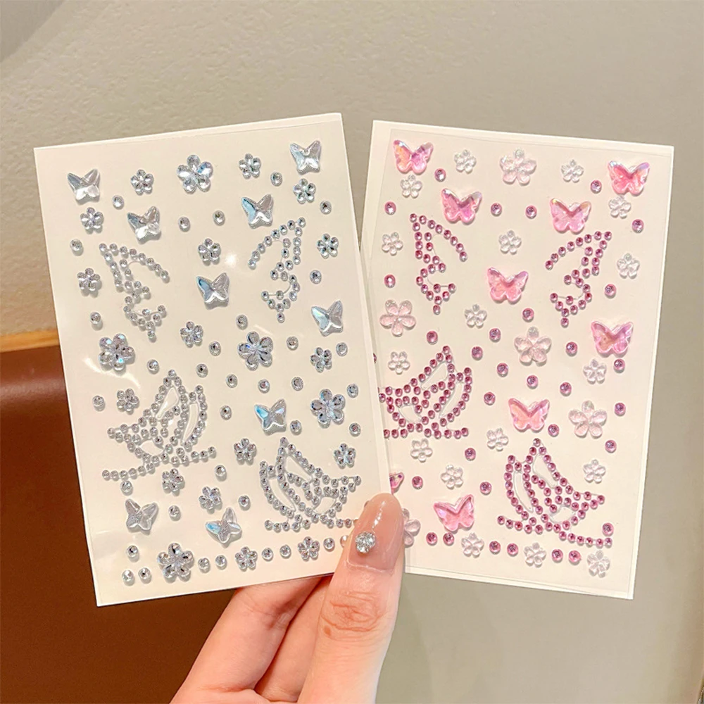 2 Stück Bling rosa weiße Schmetterling Blume Edelstein Tattoos Aufkleber selbstklebende Diamant temporäre Tattoo für Auge Gesicht Körper Juwelen Dekor – Detail 6