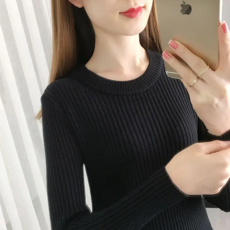 

Autumn and Winter Solid Color Sweater Women's Round Neck Pullover Casual Knitted Top High Quality Undercoat Fashion T166