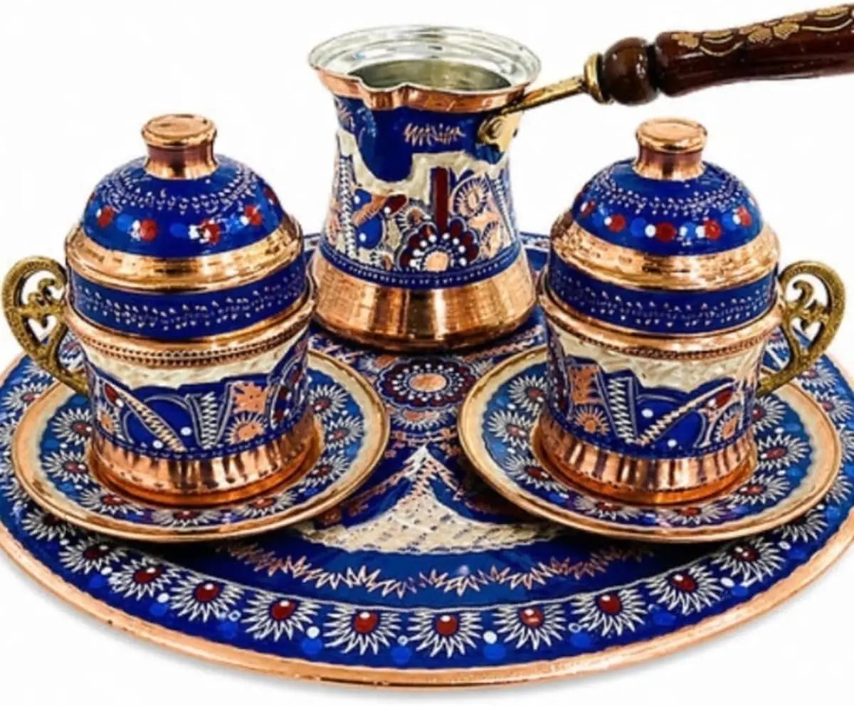 Handcrafted Copper Turkish Coffee Set for 2, Erzincan Hand-Engraved with Blue Enamel, Includes 2 Lidded Cups, Saucers, Cezve, an