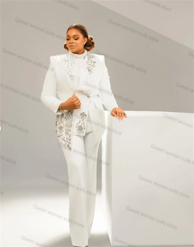 Crystals White Women Suits Pants Set 2 Pieces Blazer+Trousers Wedding Prom Tuxedo Formal Office Lady Tailored Size Jacket Coat