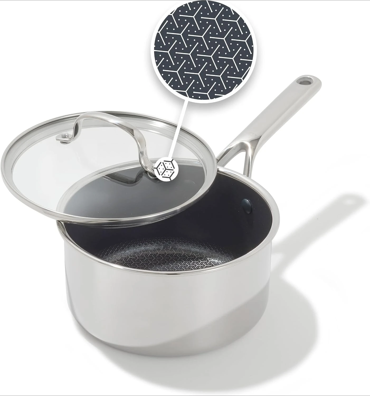 Hybrid 2.5QT Nonstick Saucepan with Glass Lid, PFAS-Free Ceramic Chef Pot, Oven Safe to 850F, Induction & All Cooktop Compatible, Dishwasher Safe, Mirror Polished Tri-Ply