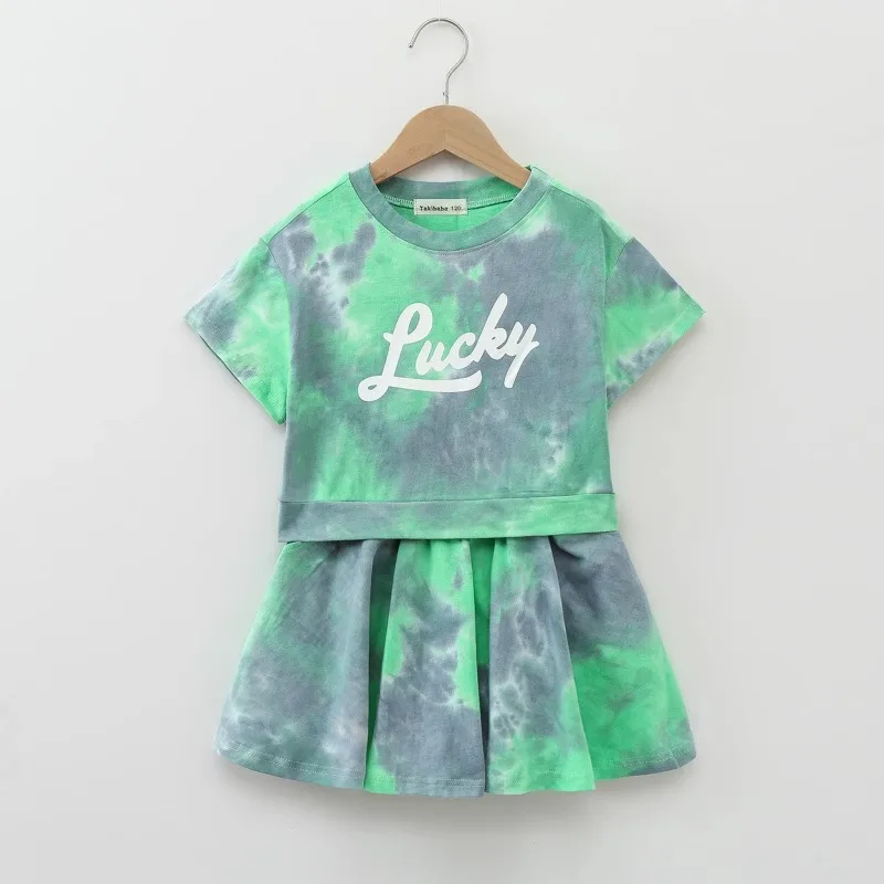 2026 summer Girls set Clothes teenager tie-dye letter short sleeve t-shirt + Pleated skirt 4 5 8 10 11 12 year fashion cotton