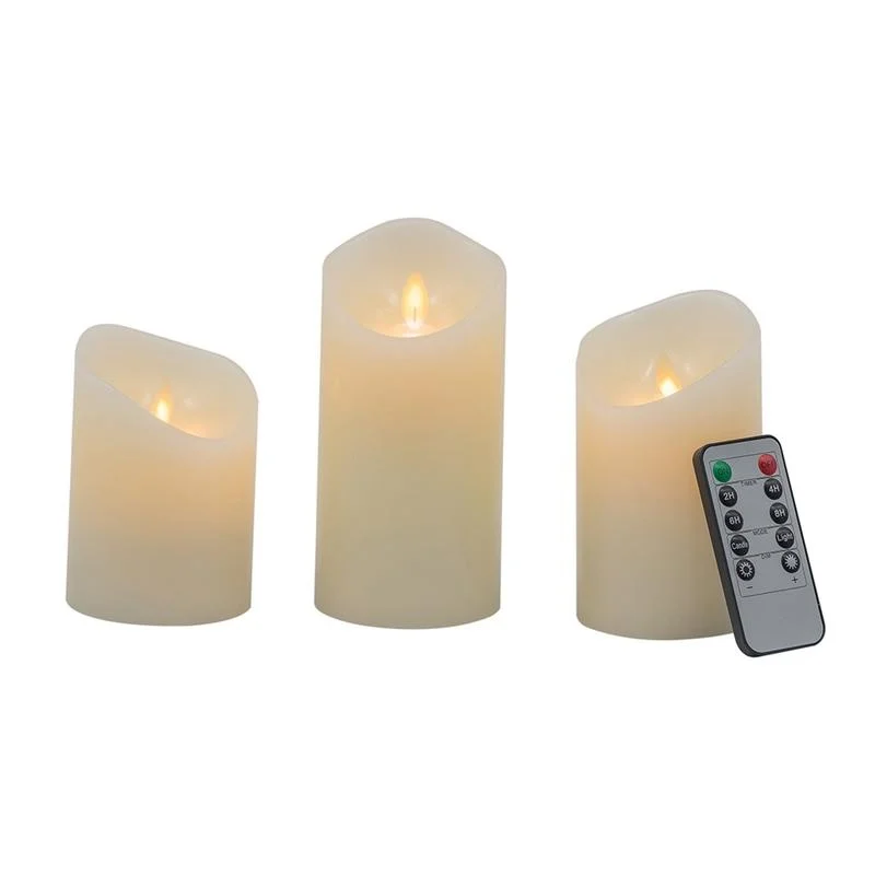 

3-Piece Flickering Ivory LED Candles with Remote Timer, L:3X6", M:3X5", S:3X4"