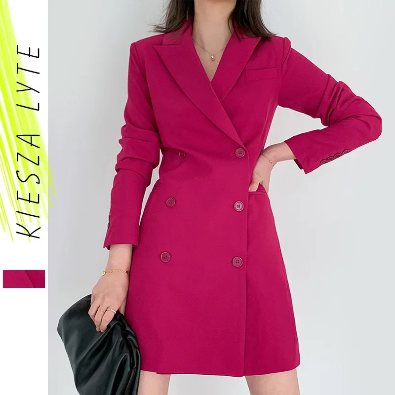 

New Office Lady Notched Blazer Runway Fashion Women Double Breasted Solid Hotpink Blazers Jacket Outerwaer Suits Coats Female