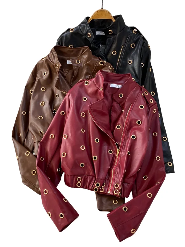 Casaco Feminino de Couro PU Faionable com Gola Alta e Detalhes em Metal, Estilo Vintage para Primavera, com Zíper, Ideal para o Dia a Dia.