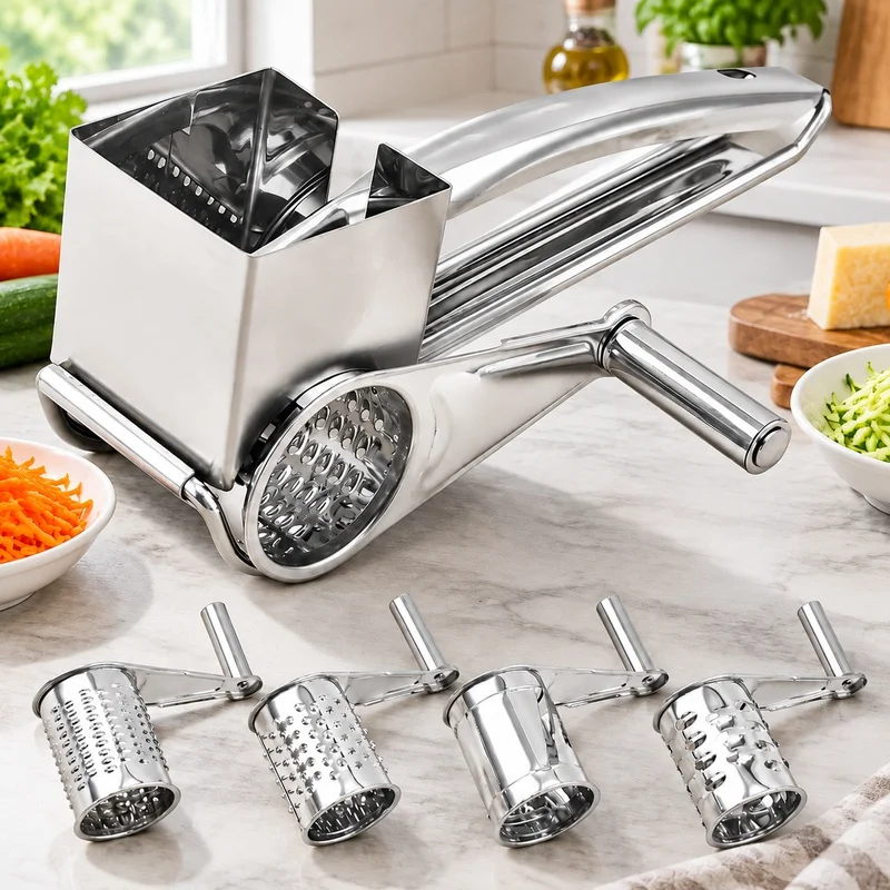 Kitchen Handheld Cheese Grater with 4 Interchangeable Stainless Steel Drums for Slicing and Shredding