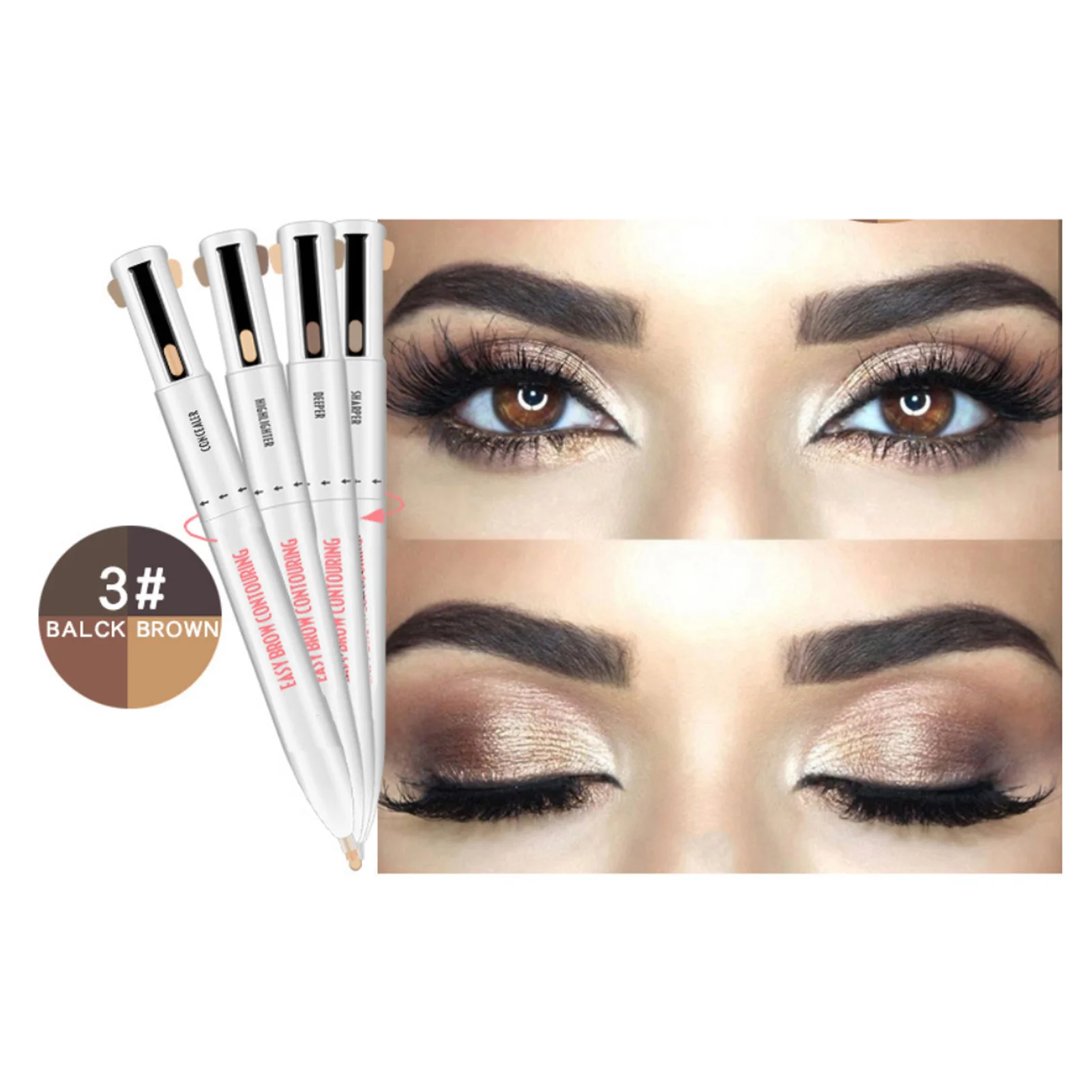 Caneta de destaque para contorno de sobrancelha 4 em 1, à prova d'água, longa duração, maquiagem para os olhos, ferramenta de beleza, lápis de definição de sobrancelha
