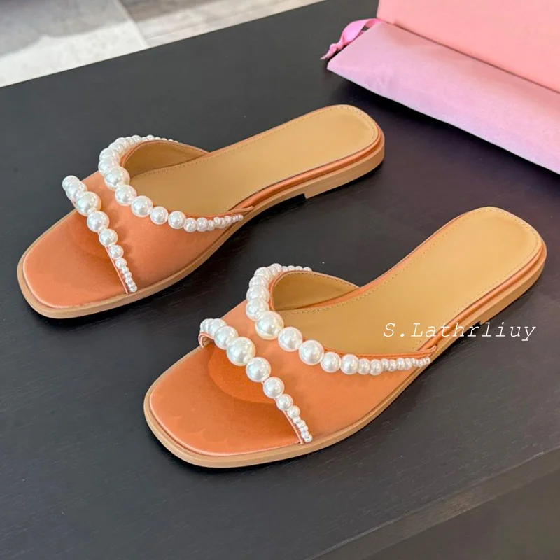 Zapatillas de cuero genuino decoradas con perlas de lujo con punta abierta para mujer, Sandalias planas de Color sólido, zapatos informales para vacaciones para mujer