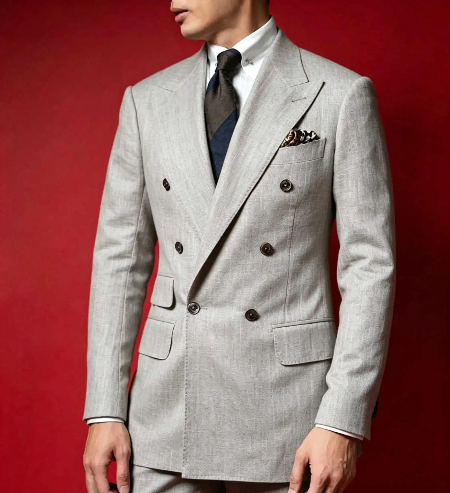 Elegant Light Grey Linen Blend Double Breasted Men's Suit Peak Lapel Formal Business Wedding Tuxedo 2 Piece Custom Made M263845