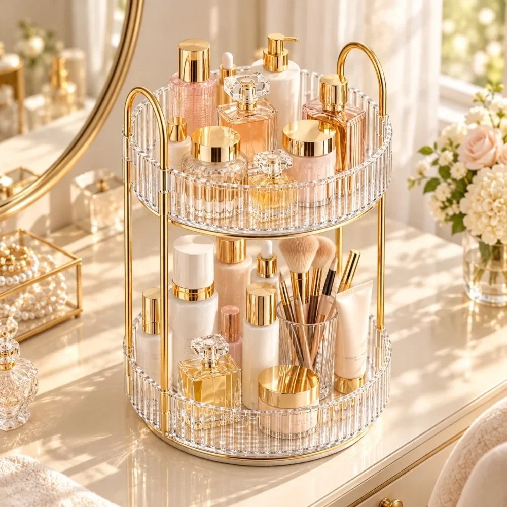 2 Tier 360 Degree Rotating Makeup Organizer Large Capacity Clear Acrylic Perfume Skincare Cosmetics Storage Rack for Vanity Countertop Bathroom Dresser,Spinning Lazy Susan Beauty Organizer Display Stand with Gold Frame,Gift for Women Girls