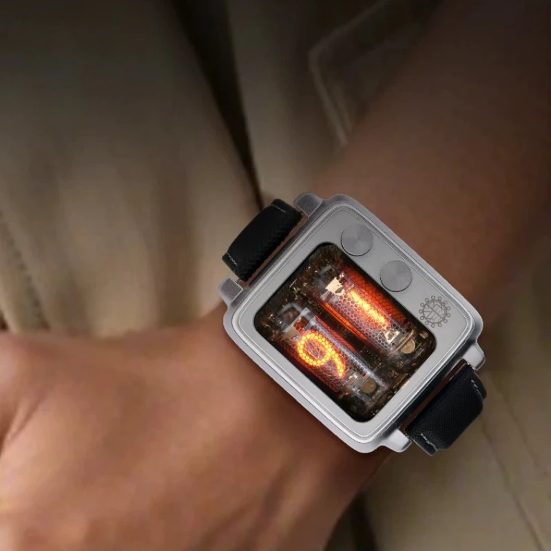 Vintage Punk Nixie Tube Wristwatch with Aluminum Shell and Glowing Display IN16 Retro Steampunk Nixie Tube Watch Nice Gifts