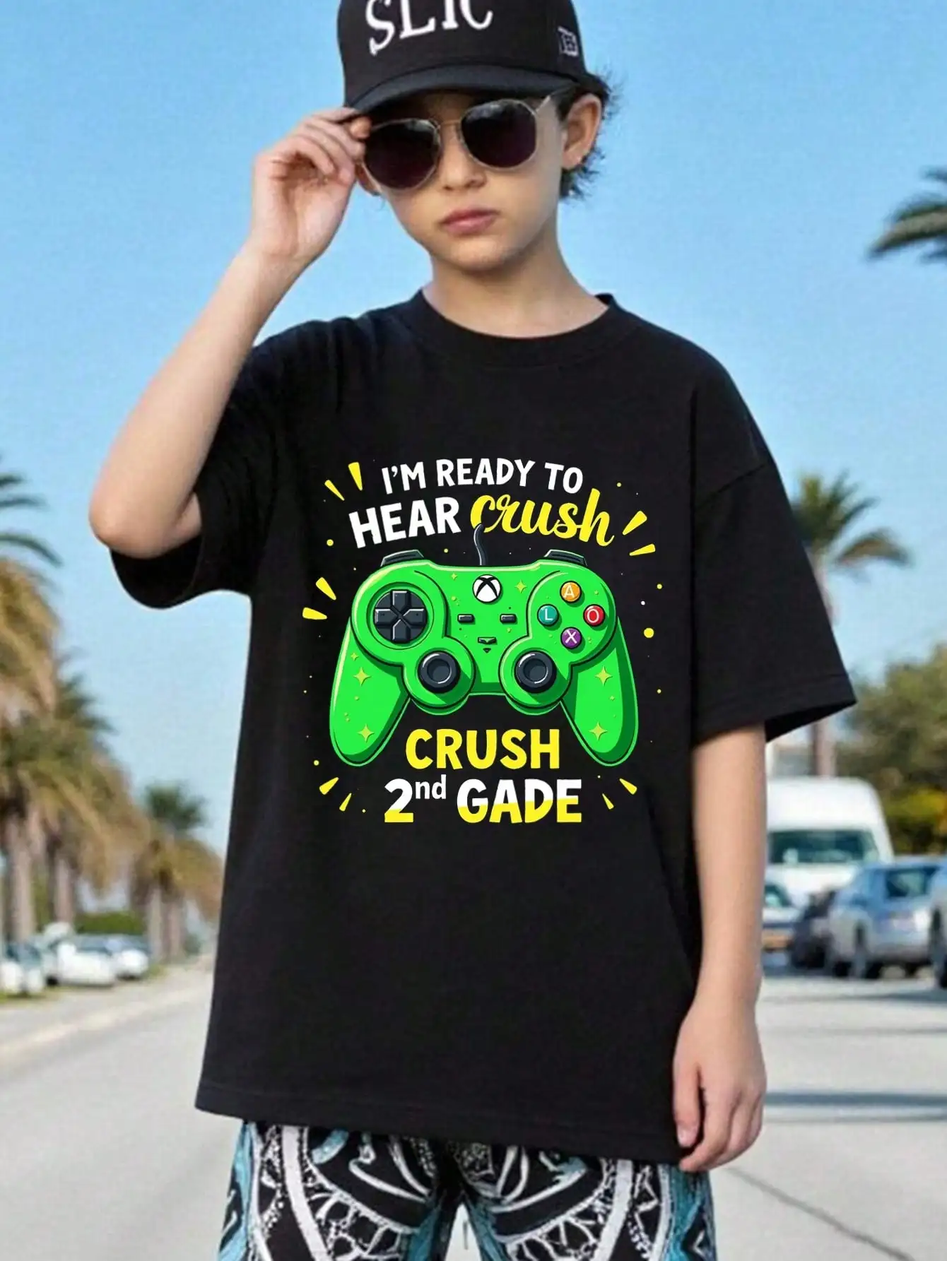 

Boys/Girls Gaming Back To School Cotton Graphic Tees, Black Casual Summer Tops With Video Game Controller Pattern