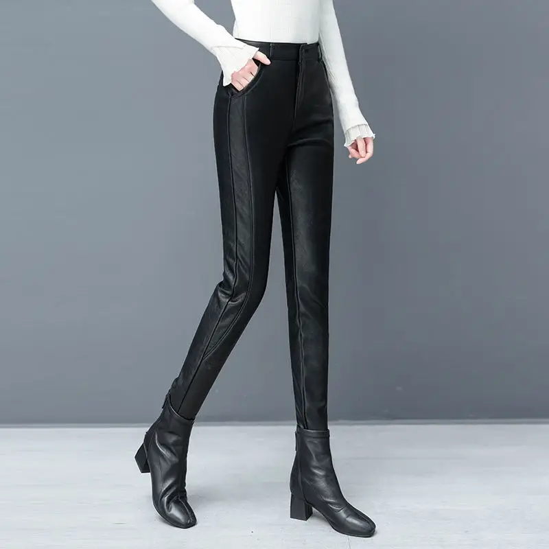 

2024 New Fall and Winter Leather Pants Women High Waisted PU Trousers Solid Color Retro Streetwear Pencil Casual T768