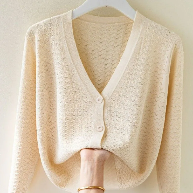 Ice Silk Knitted Sweater Cardigan Loose Sunscreen Shawl Simple Solid Commuter Vest Outfits All Match Hollow Coat Women's Top