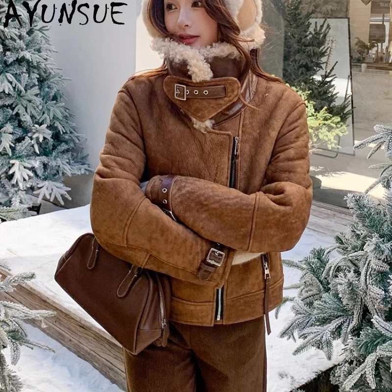 

AYUNSUE Natural Fur Coat Women Genuine Leather Sheepskin Coats Winter Clothes 2025 Vintage Motocycle Jacket Woman Пальто Женское