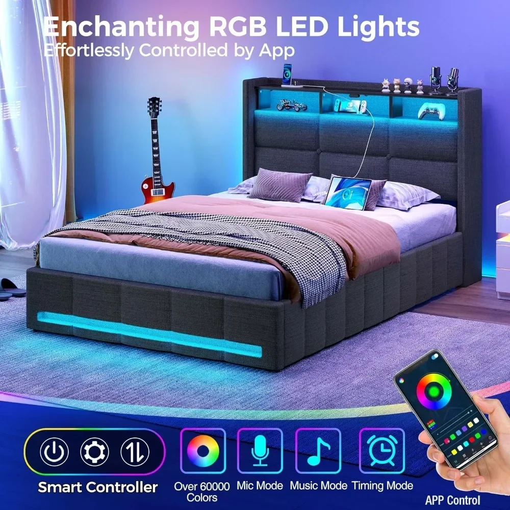 Rangka tempat tidur kembar/penuh/Queen dengan penyimpanan Lift Up, stasiun pengisian & lampu LED, Headboard penyimpanan berlapis kain, bilah kayu tugas berat