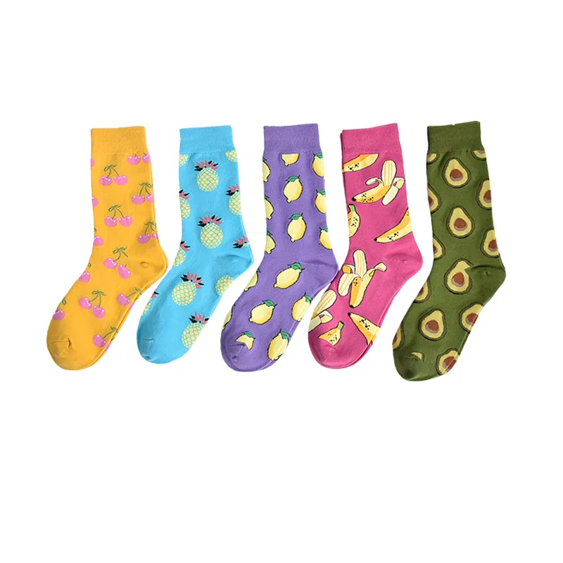 Chaussettes en coton pour hommes et femmes, 1 paire, pour Skateboard de rue, Happy Socks, imprimé de fruits, Harajuku, cadeau, Apple, poire, banane, citron, cerise