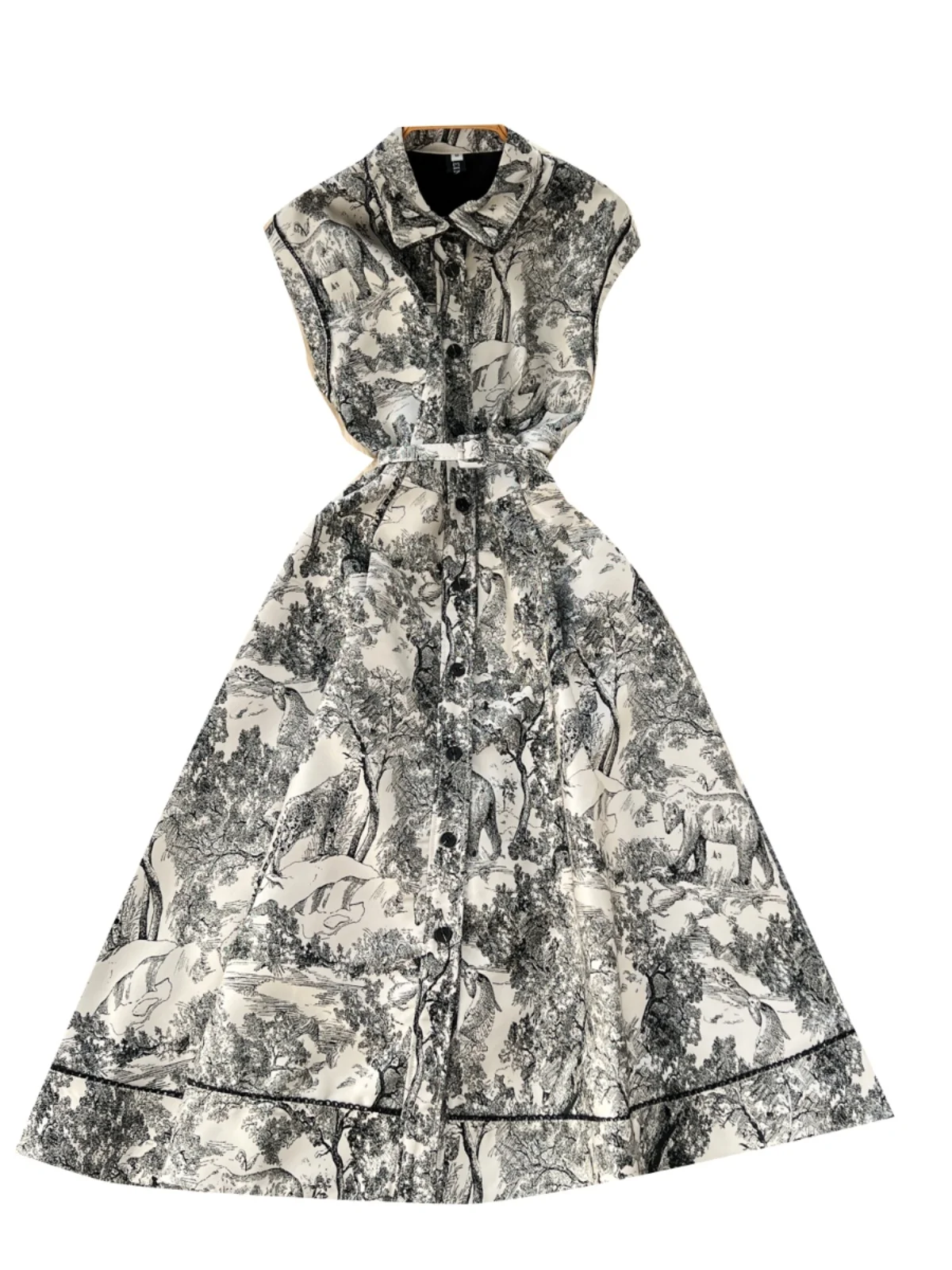 우아한 롱 드레스 2025 신상 여성용 하이웨이스트 A라인 스커트 스타일 민소매 턴다운 칼라 싱글 버튼 자수 미디 드레스