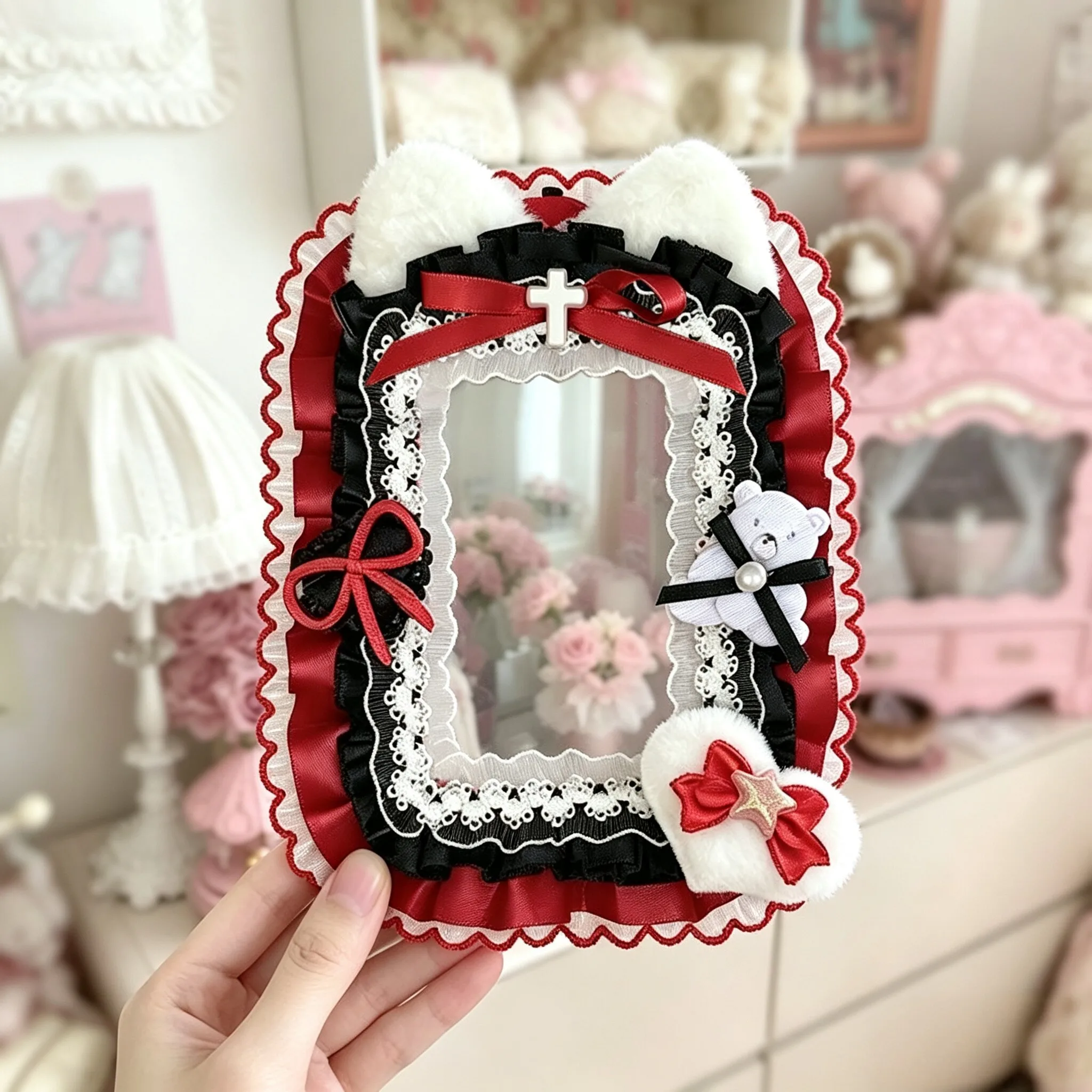 Handmade Plush Cat‑Ear Ruffled Lace Satin Bow Photocard Holder,3 Inch Clear PVC Sleeve for Idol Card,Anime Card,3‑inch Photo,Collectible Card Protective Display Shell,Fandom Decorative Photocard Case