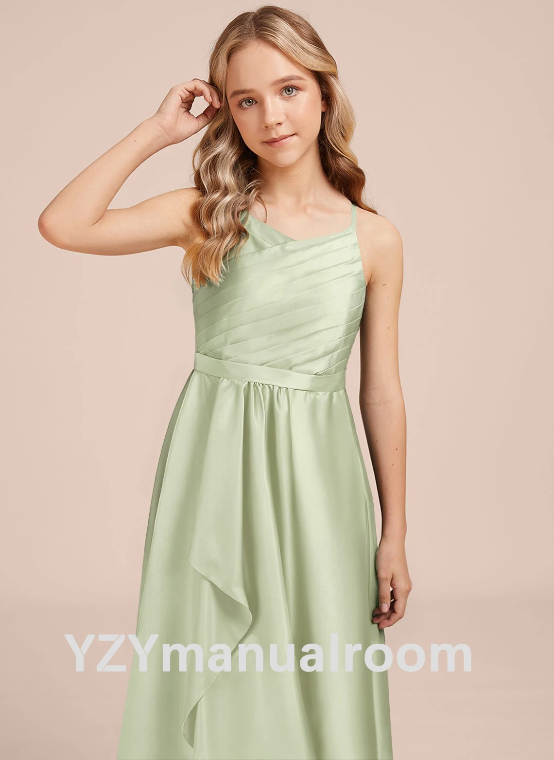 Girl dresses/dress/A-line V-Neck Floor-Length Matte Satin Junior Bridesmaid Dress With Cascading Ruffles/Customizable