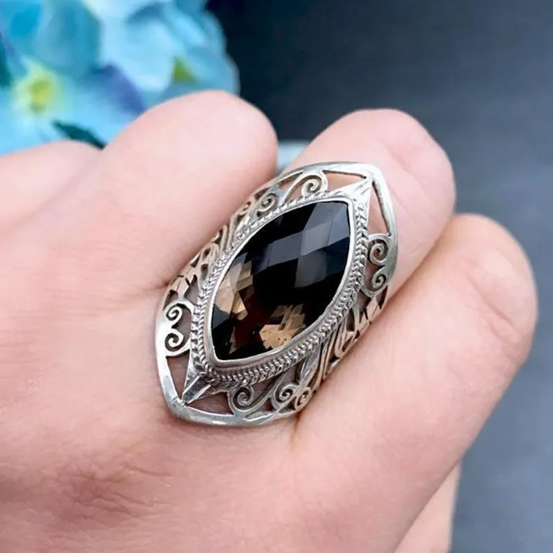 

Smoky Quartz Gemstones Vintage Pattern Carving Hollow Rings for Men Women Thai Silver Adjustable Finger Bands Cool Accessories