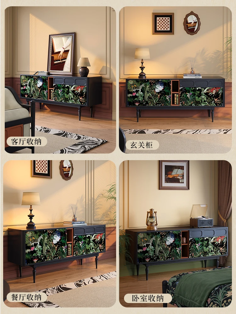 

Solid wood side cabinet, French retro living room wall locker, ash wood black porch