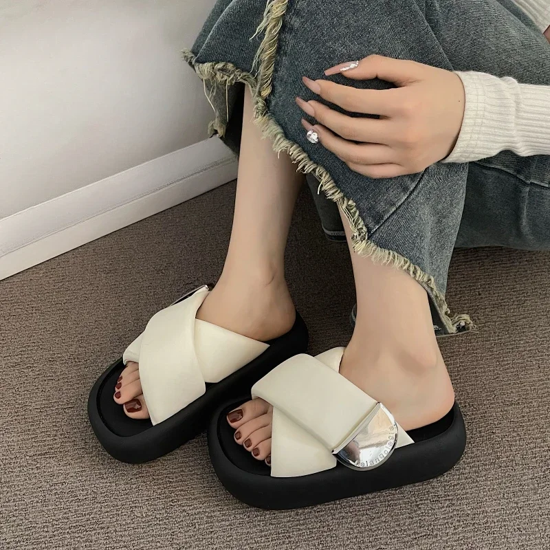 BCEBYL Summer Square Toe Metal Decoration Fashion Women\'s Shoes New Thick Bottom Comfortable Wear-resistant Casual Flat Slippers