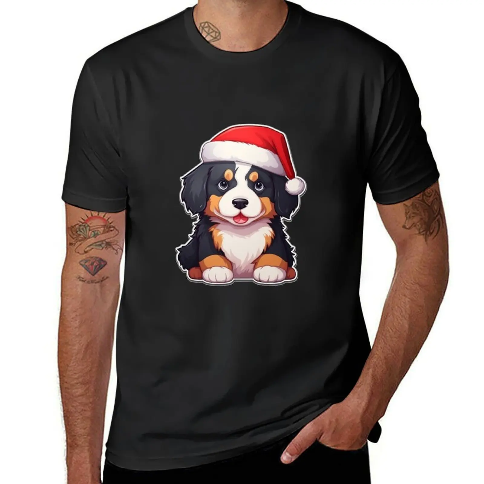 

Chibi Bernese Mountain Dog with red Santa hat T-Shirt vintage plus sizes cute clothes heavyweights mens workout shirts