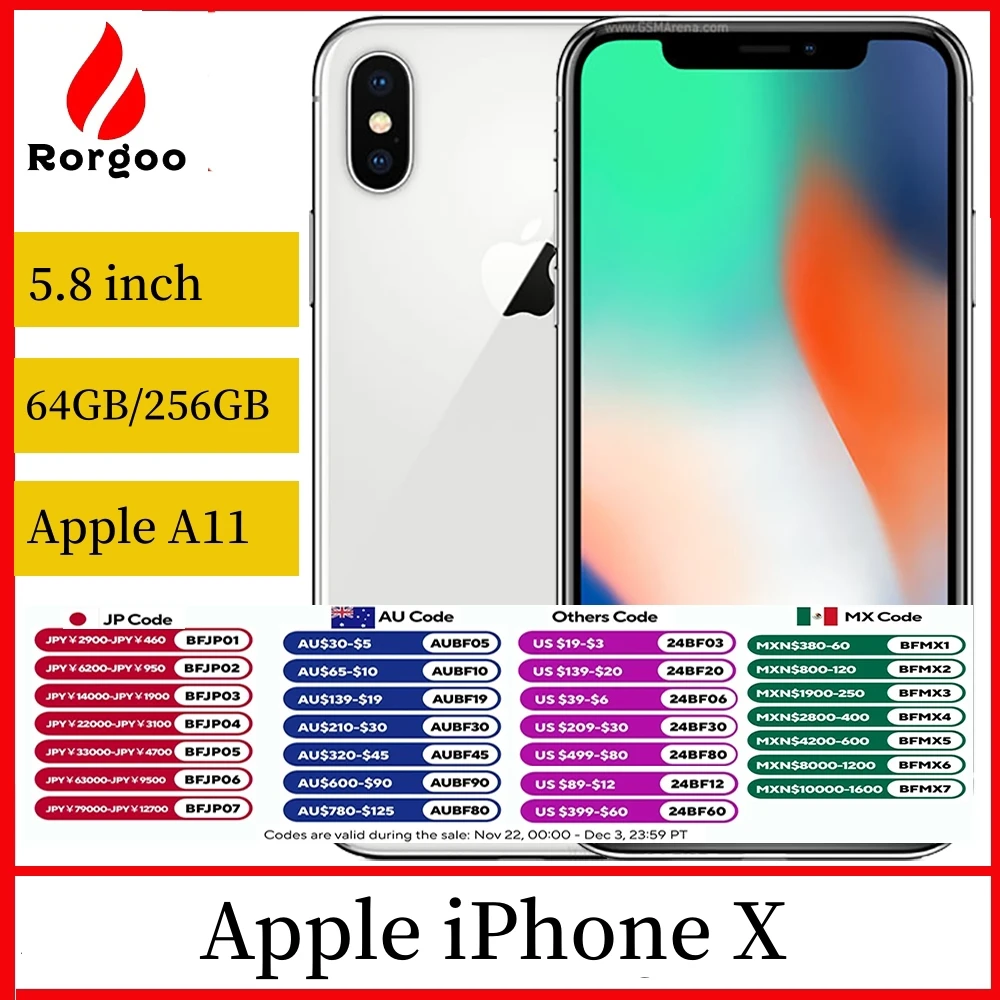 Original Unlocked Apple iPhone X 4G Mobile Phone NFC 3GB RAM 64GB/256GB ROM 5.8