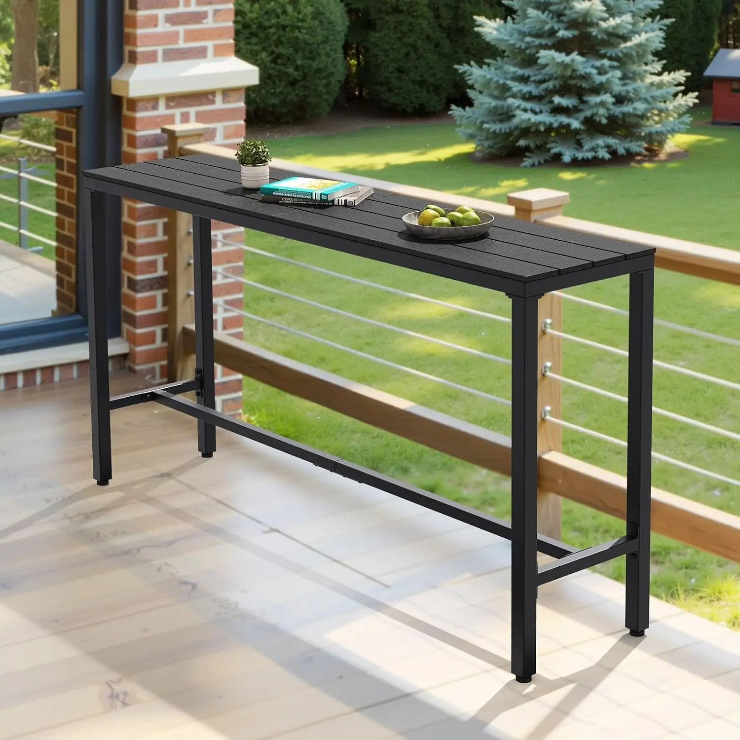 Outdoor Bar Table 63 Inch Rectangular Pub Table with Waterproof Top Easy Clean Sturdy Rustproof Frame Versatile for Balcony Garden Backyard Patio Black