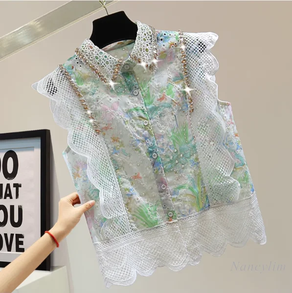 Hollow-out Printed Diamond Sleeveless Blouses Womans 2024 Summer Lace Stitching Wavy Edge Cotton and Linen Embroidered Shirt Top