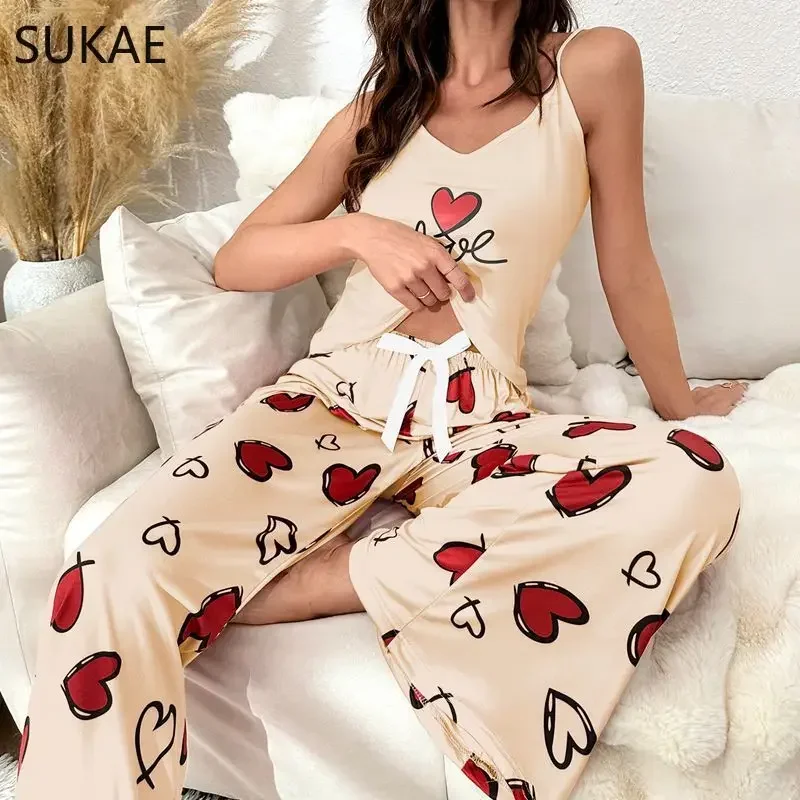 Black Bear Printing Soft Milk Silk Pajamas Women Sexy Sling Sleepwear Wide-legs Pajamas Pijamas for Girl Casual Woman Nightwear