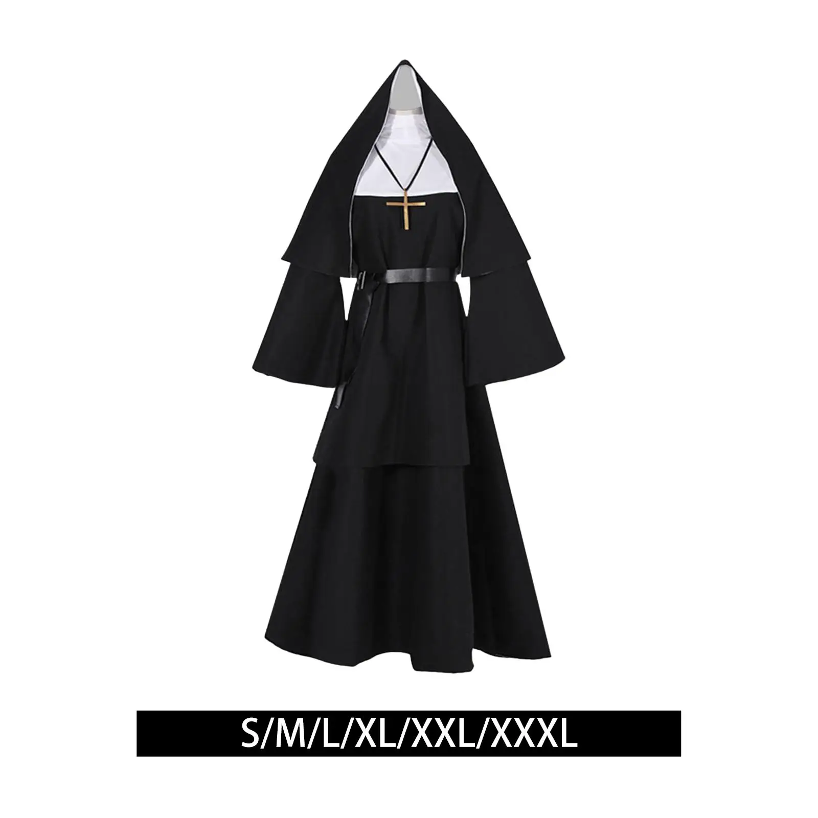 Nun Costume Black with Belt Religious with Hat Women Robe Halloween Priest Clothes for Easter Show Photo Prop Holiday Carnival