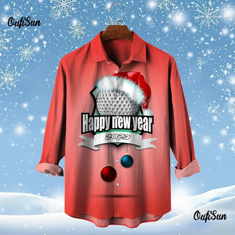 Golf Santa Festive Shirt 3D Printed Christmas Long Sleeve Shirt Party Men\'s Shirt 3D Printed Casual Fashion Men\'s Top