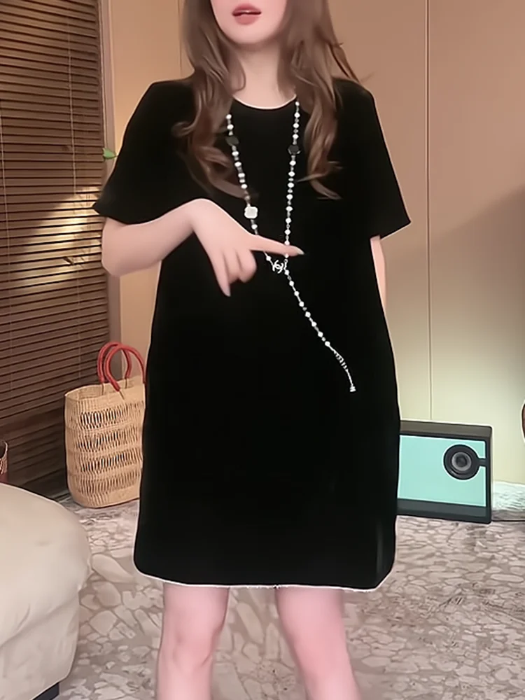 

Summer 2025 Bla Casual Loose Women's Dr Slimming T-irt Sle Korean Commute Faion plus Size Mid-Length A-Line Dr