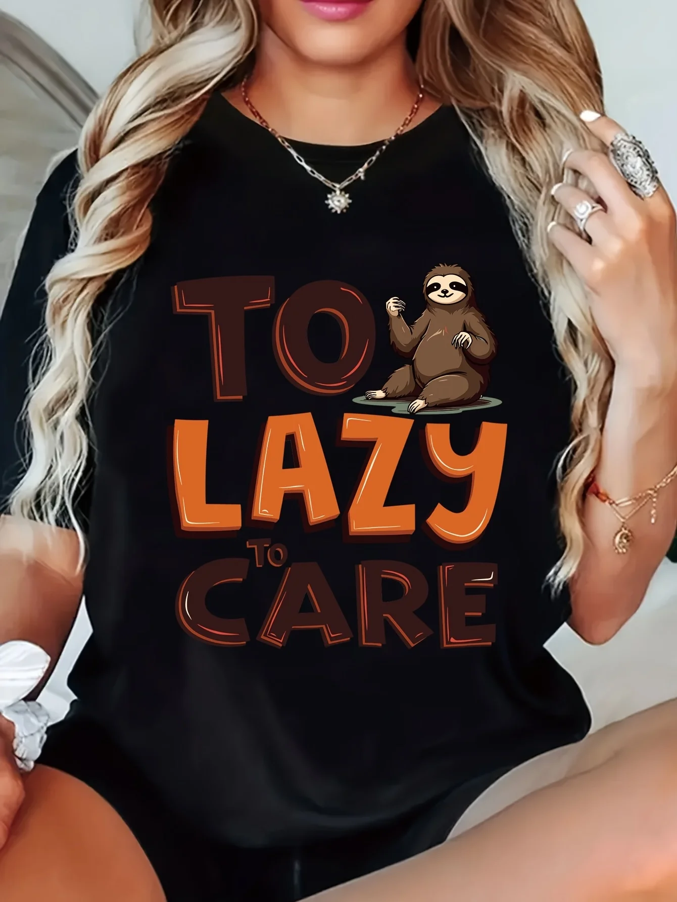 1 Women Casual Short Sleeve Sloth Print T Shirt Soft Stretchy Round Neck Top Machine Washable Spring Summer Fashion Tee