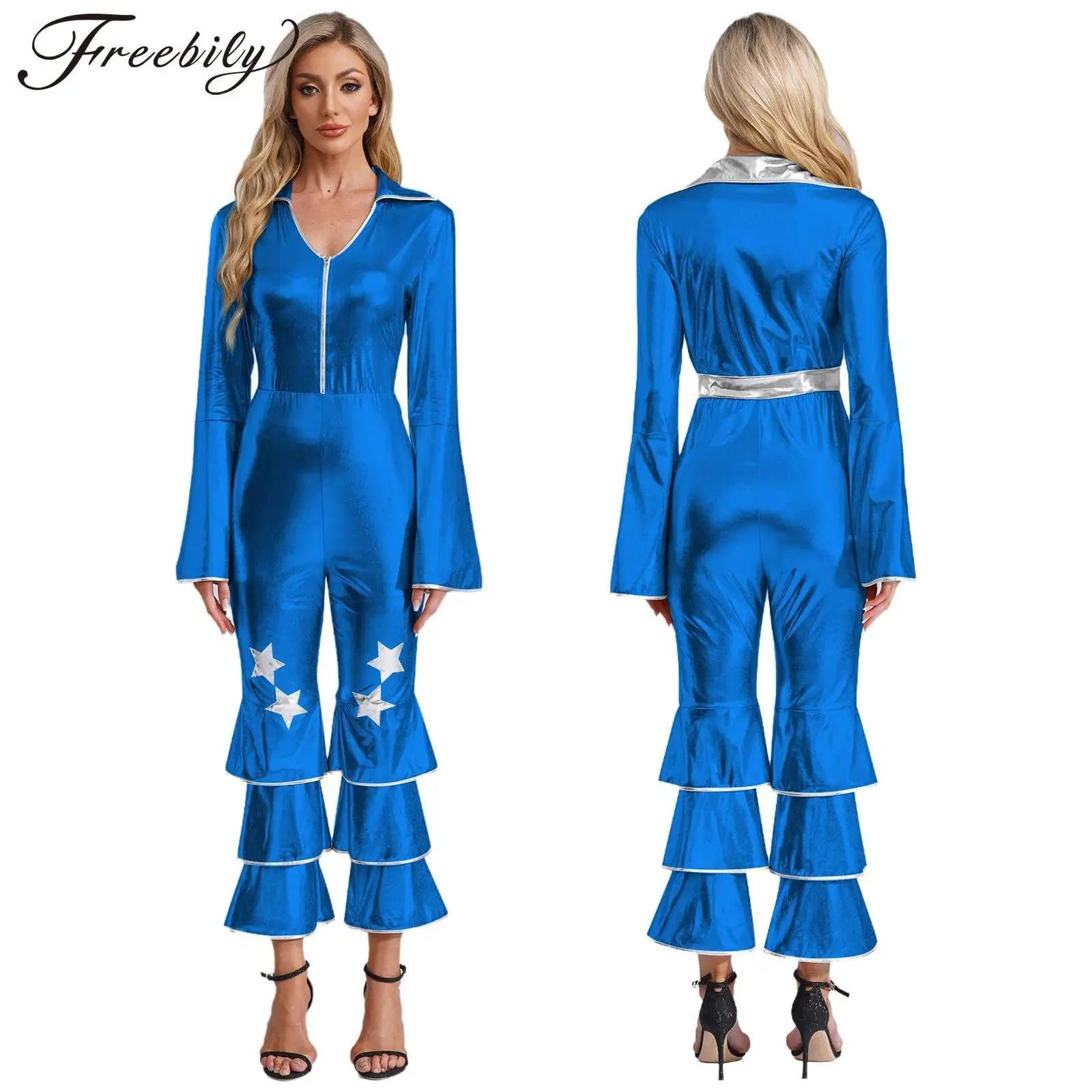 Women Retro 70s Disco Dance Jumpsuit Halloween Carnival Theme Party Hippie Cosplay Costume Long Sleeve Shiny Flared Bodysuit