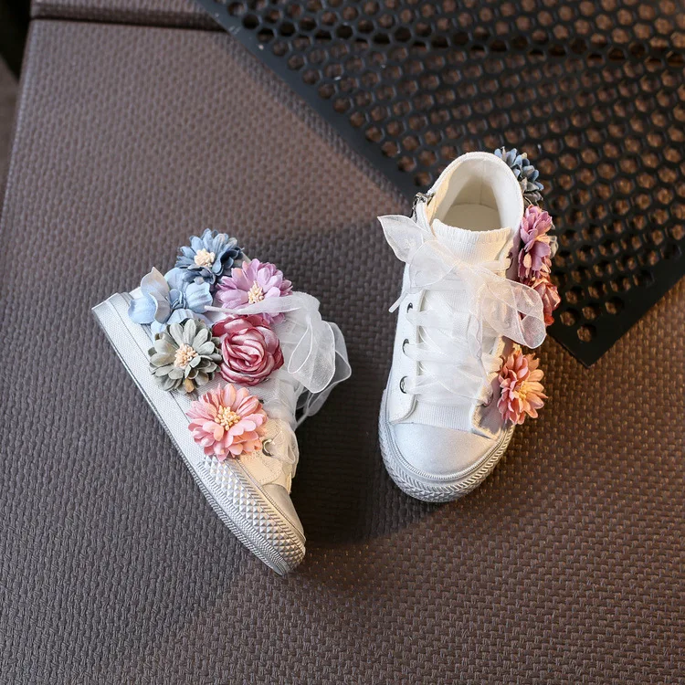 High Top Flower Girls Canvas Shoes Beading Kids Shoes Autumn Children's Shoes Korean Casual Sneakers Sider Zipper