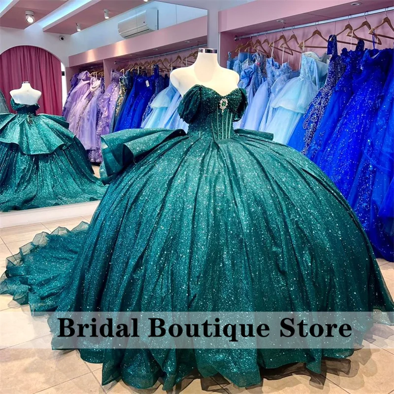 Glitter Emerald Green Quinceanera Dresses Ball Gown Sweet 16 Dress Crystal Rhinestone Beads Corset Party Gowns  Customized