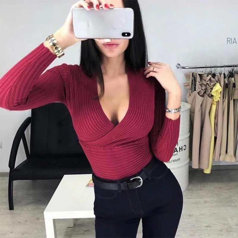 Women\'s Pullover Casual Slim Bottoming Sweaters 2024 Sexy Deep V Neck Sweater Female Elastic Cotton Long Sleeve Tops