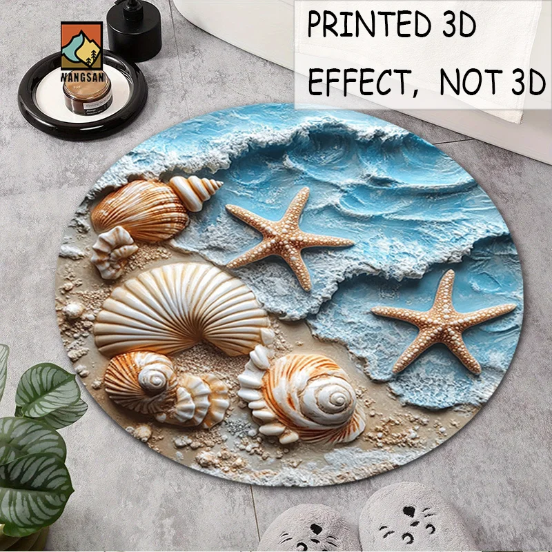 Printed 3D Beach Shell Starfish Round Rug Ocean Wave Sand Texture Flannel Carpet Bathroom Entryway Coastal Decor Seaside Themed