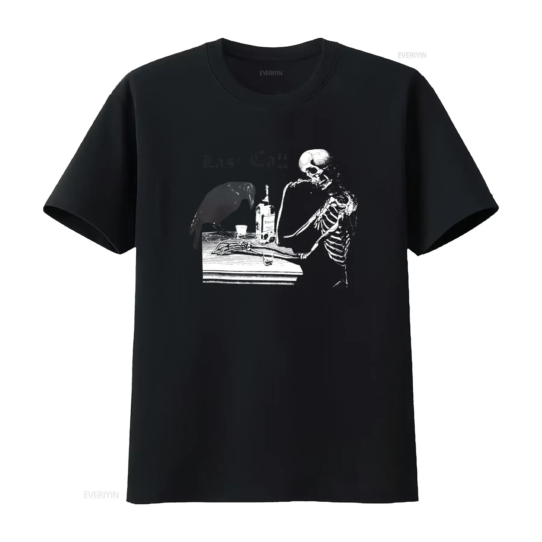 Annex Art Last Call Tequila Shots Skeleton Crow Raven Dark Gray T Shirt for Men Large vintage Washed Top For Everyday Wear