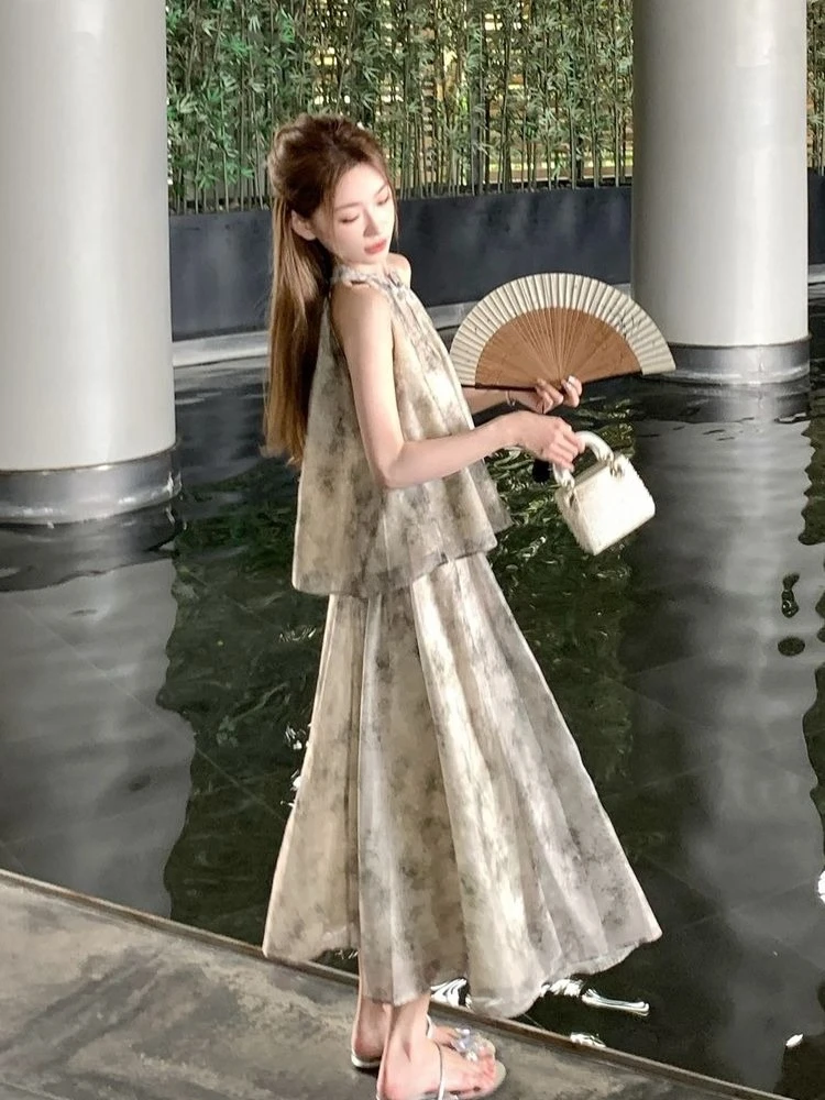 Summer Women New Chinese Style Two Piece Set Sleeveless Halter Neck Top Skirt Commute Fashion Loose Slimming Outfit