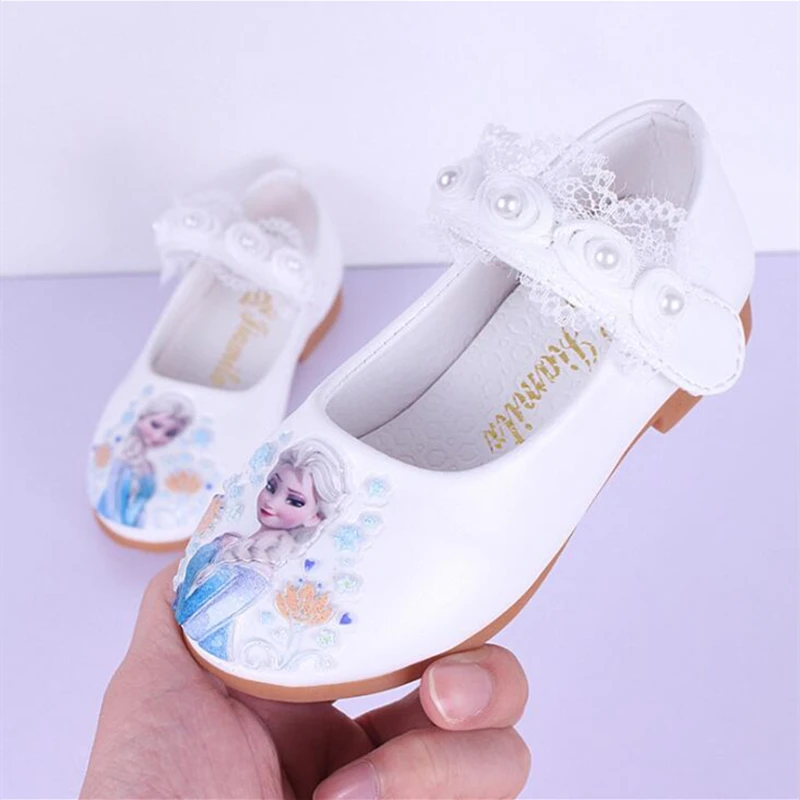 Disney New Kids Elsa Casual Shoes girls Frozen Princess Pink Soft Shoes Children\'s Cartoon pearl Leather Shoes Size 26-35