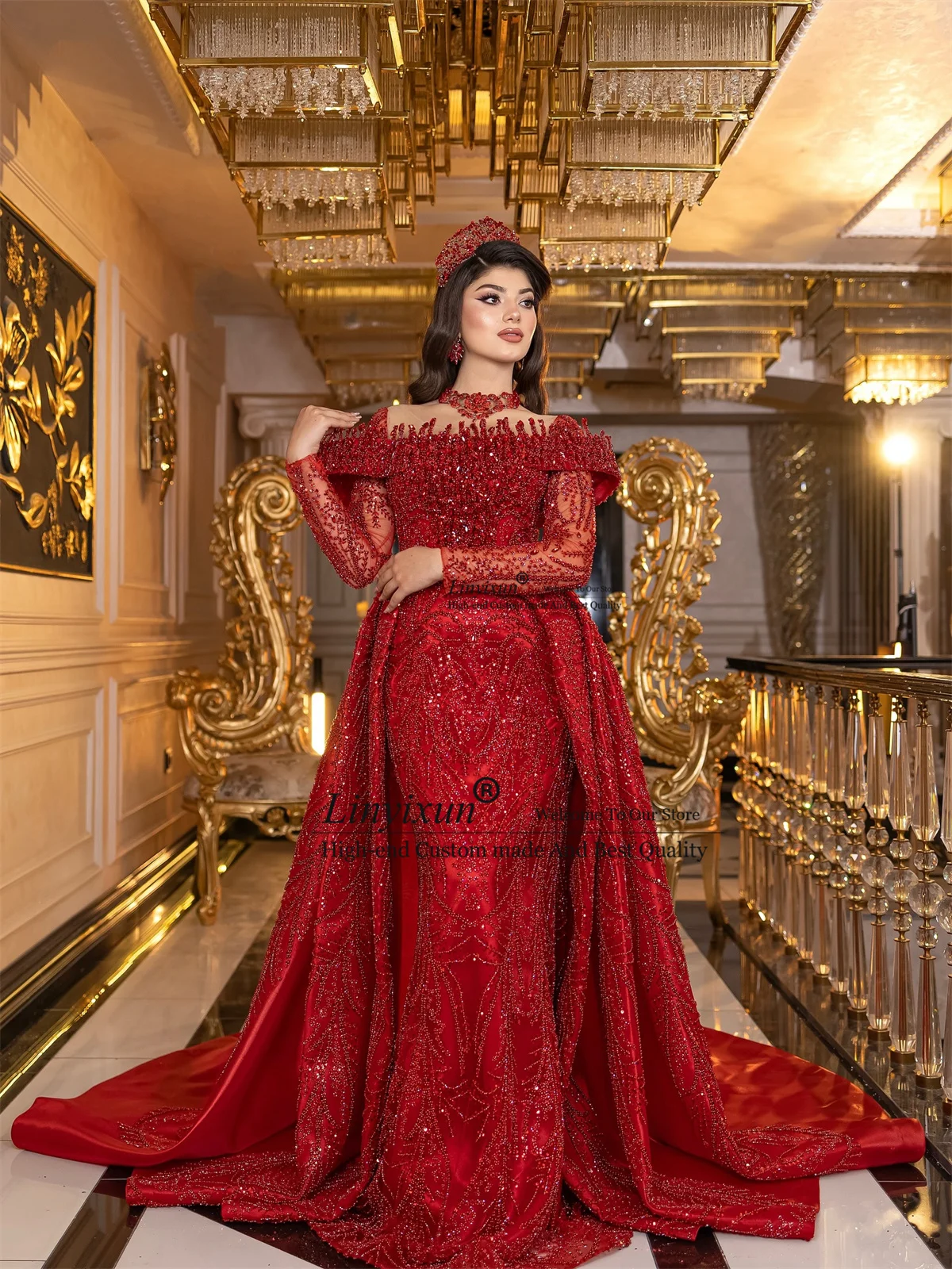 Aso Ebi Dubai Mermaid Prom Dresses Glitter Sequin Diamond Evening Gown Customized Saudi Arabic Wedding Party فساتين سه