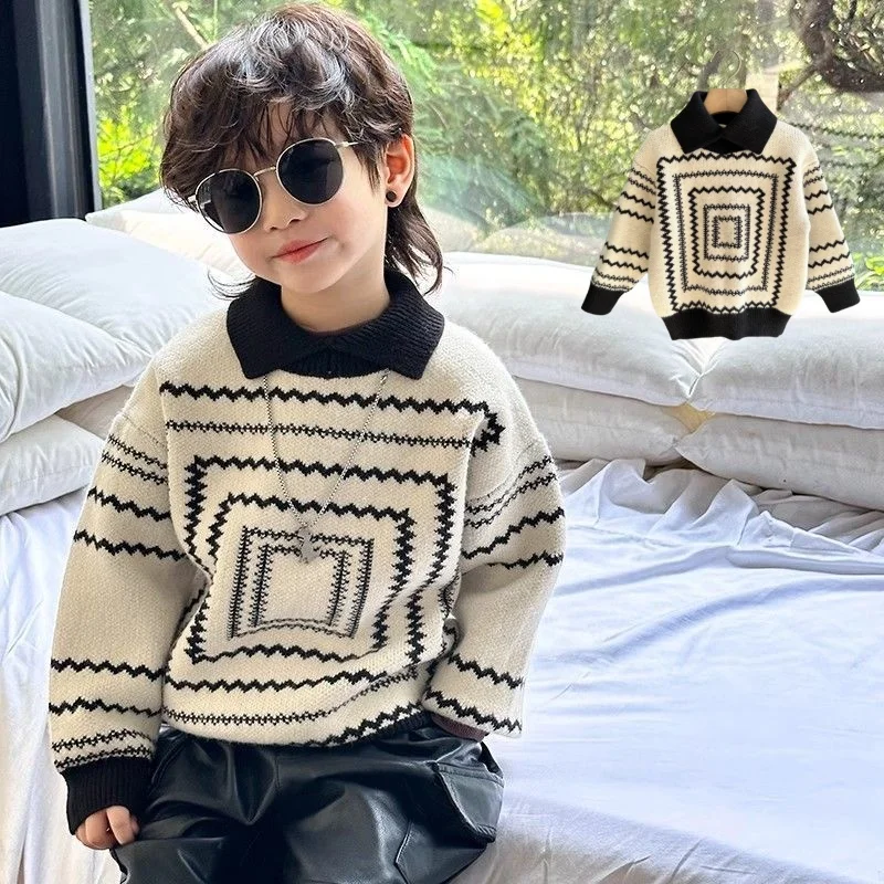 

2025 Autumn 2-7Y Kids Lapel Collar Sweater Children's Geometric Jacquard Knitted Pullover Boys Girls Casual Warm Knitwear Top