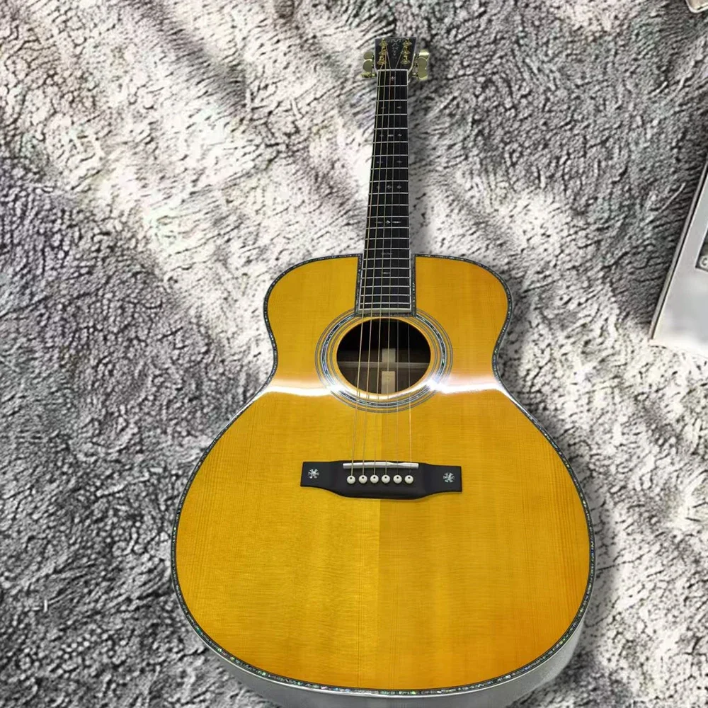 

6 String Yellow Acoustic Guitar OM42 Solid Spruce Top Single-sided Shell Rosewood Side Back Ebony Fingerboard