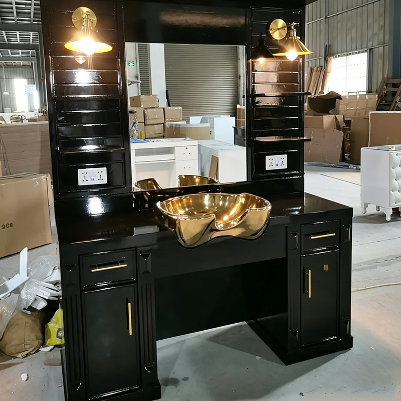 Black Barber Mirror Station Built-in Shampoo Bowl Hair Salon Furniture With Lamp Storage Drawers For Barbershop & Beauty Studio