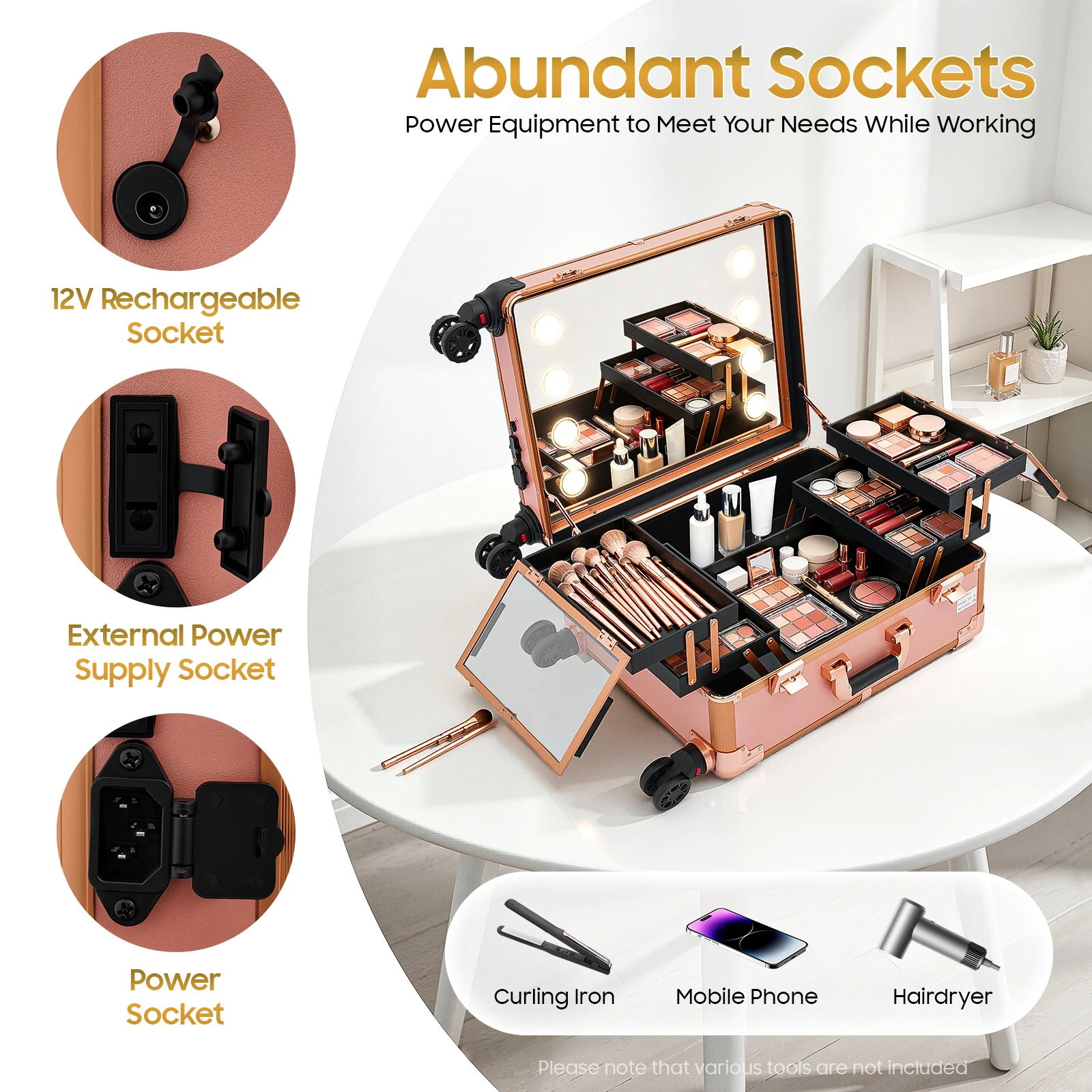 Professioneller Make-up-Koffer 3-stöckig 50kg Kapazität 8 LED-Lichter 3-stufig dimmbar Salon-Rollkoffer für Make-up-Künstler Friseur Nageltechniker Schönheit Rosa/Schwarz – Detail 3